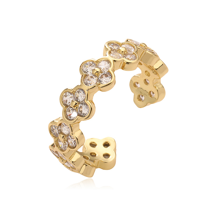 Copper Inlaid Color Diamond Flower Open Adjustable Ring Elegant Flower Petal Band — Clear/White