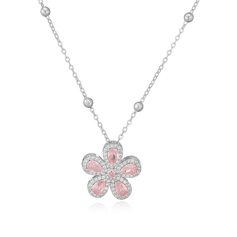 Copper-Inlaid Teardrop Colored Diamond Five-Petal Flower Pendant Necklace - Elegant Light Luxury Sparkling Floral Beaded Clavicle Chain 12