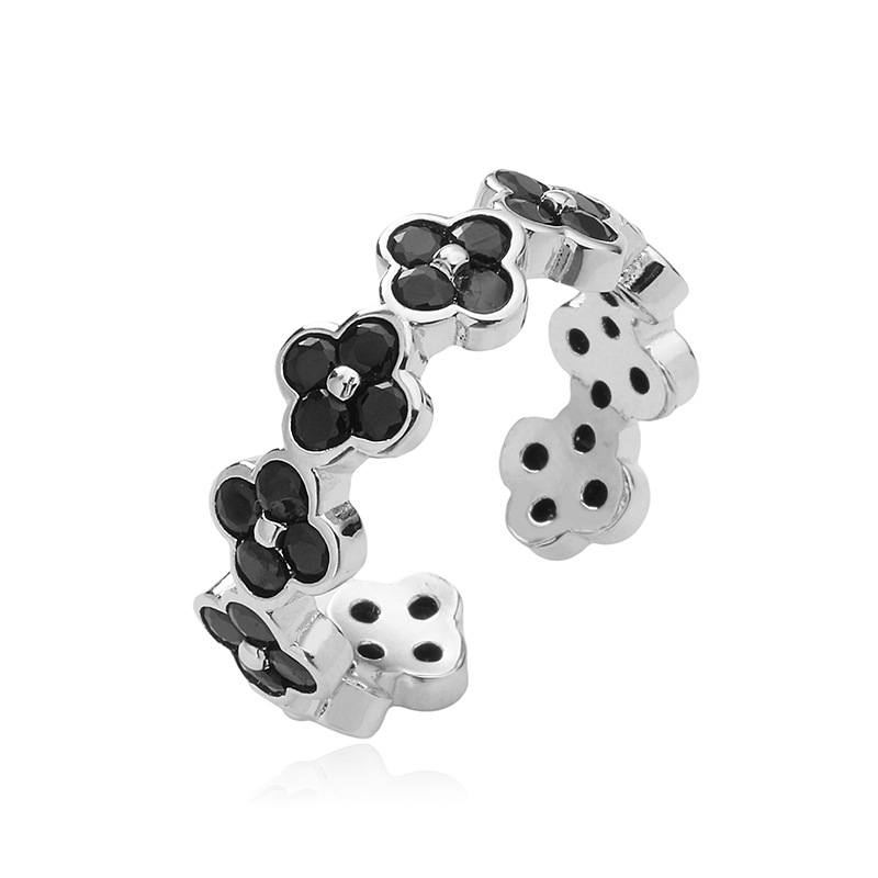 Copper Inlaid Color Diamond Flower Open Adjustable Ring Elegant Flower Petal Band (Silver Tone) — Black
