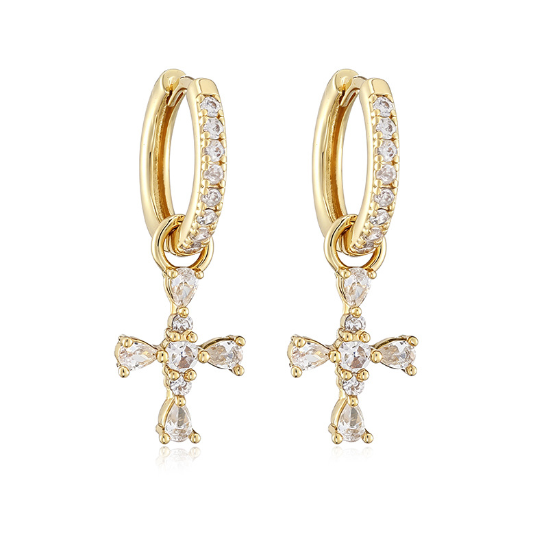 Copper Gold-Plated Colorful Zircon Cross Huggie Hoop Earrings Trendy Hip-Hop Style Cross Dangle Charms — Gold-tone with Clear Cross