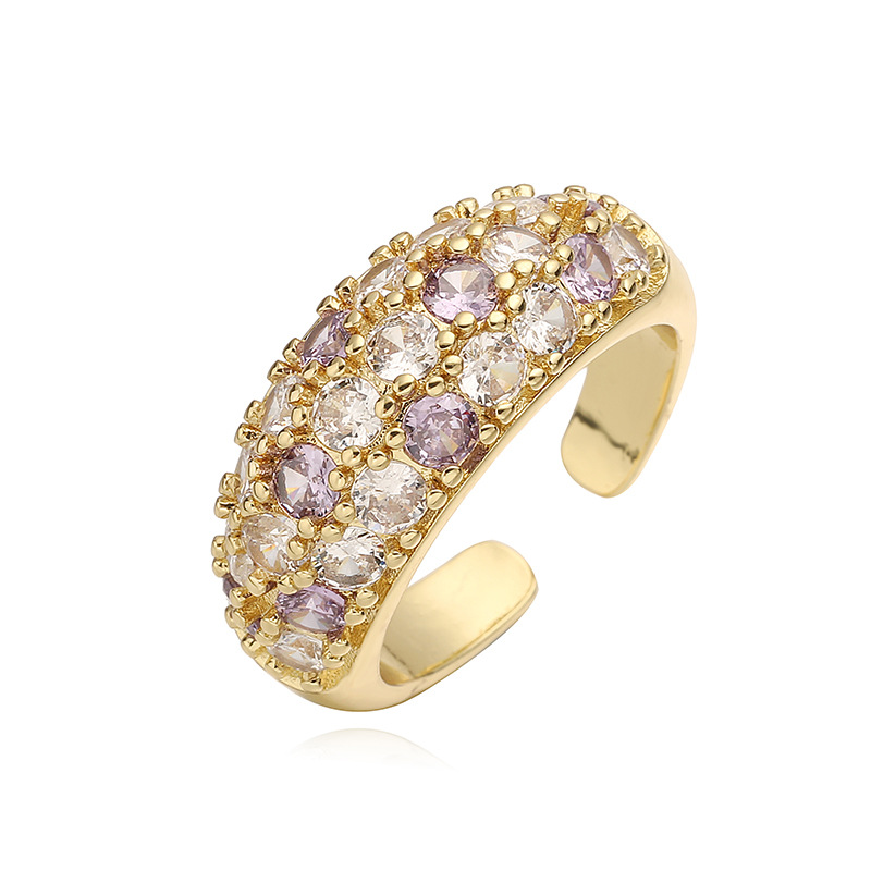 Copper Inlaid Colorful Diamond Circular Open Adjustable Ring Niche High-End Pave-Set Ring — Lavender/Gold