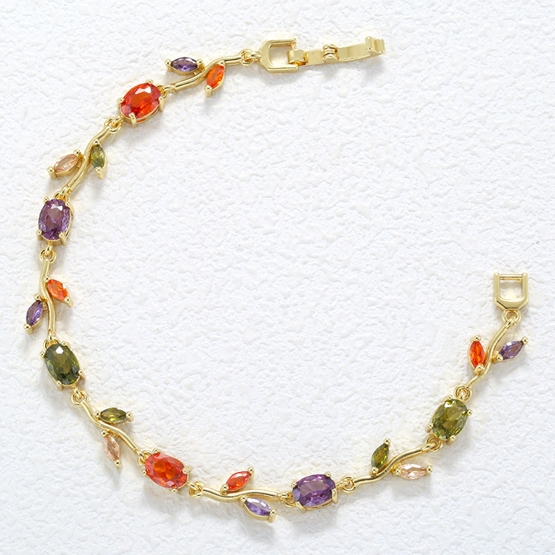 Elegant Versatile Copper-Inlaid Colorful Diamond Leaf and Petal Bracelet, Fashionable Luxury Leaf and Tulip Layering Jewelry