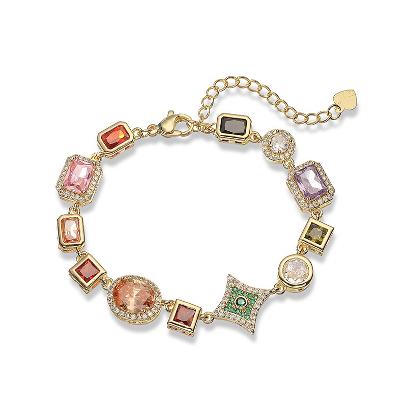 Exquisite Luxury Copper Inlaid Colorful Zircon Heart Oval Square Multi-Gemstone Charm Bracelet — Gold-tone