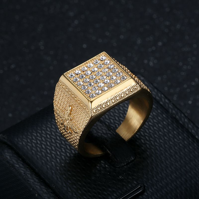 Gold-Plated Rhinestone Zoroastrian Square Signet Ring 2