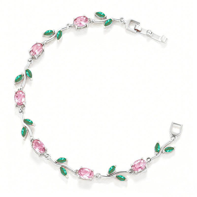 Elegant Versatile Copper-Inlaid Pink and Green Crystal Branch and Leaf Bracelet, Fashion Luxury Tulip Stackable Jewelry