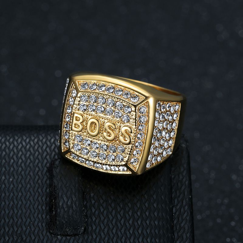 Gold-Plated Rhinestone BOSS Letter Signet Ring — view 3