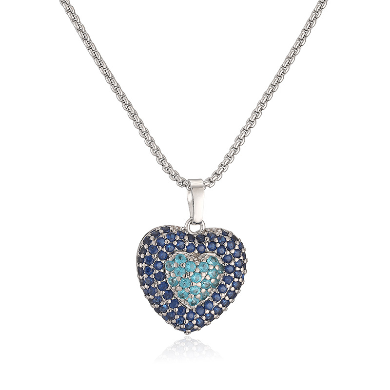 Exquisite Light Luxury Copper Inlaid Colorful Zircon Double-Layer Heart Pendant Necklace Super Sparkly Heart Dangle Charm Chain — Silver-tone with Blue Heart