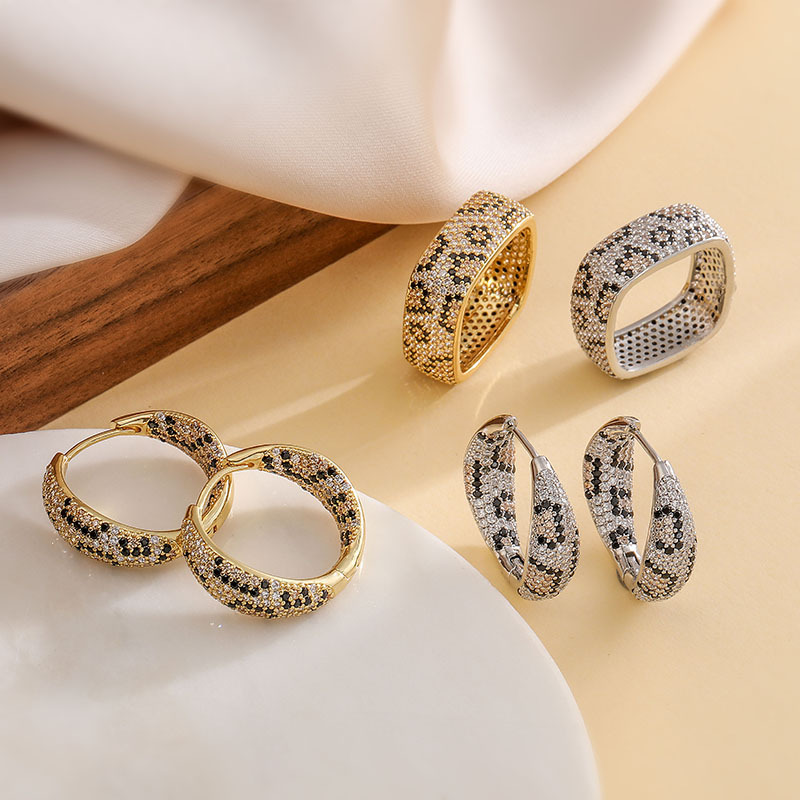 Luxury Leopard Print Crystal Hoop Earrings - Square Snakeskin Huggie Hinged Earrings