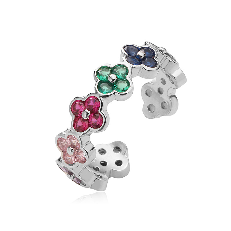 Copper Inlaid Color Diamond Flower Open Adjustable Ring Elegant Flower Petal Band (Silver Tone) — Multi-Color