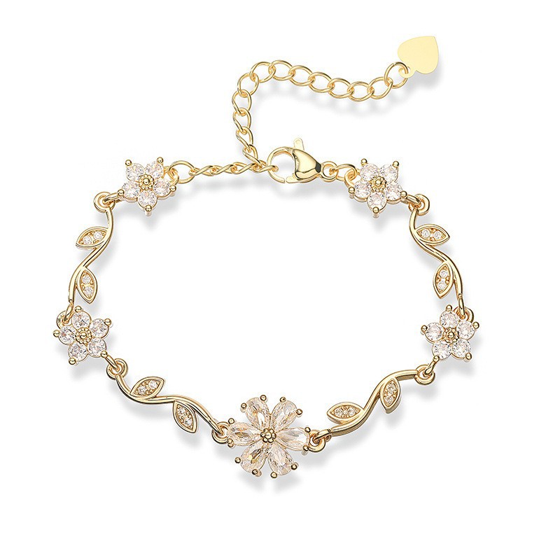 Copper Inlaid Colorful Zirconia Five-Petal Flower and Leaf Bracelet - Versatile Floral Petal Hand Accessory 8