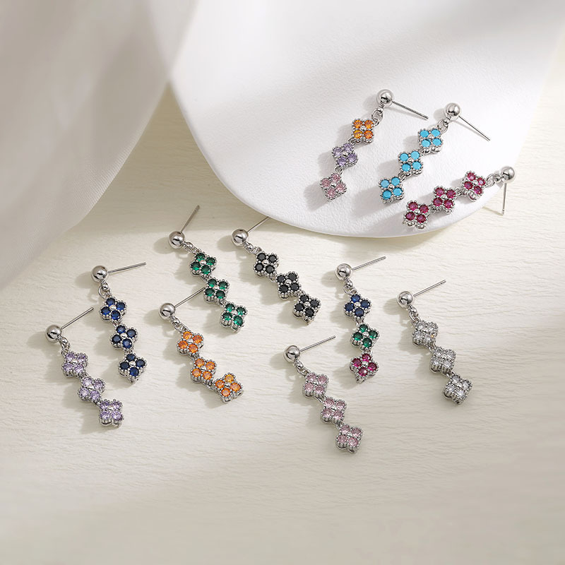 Elegant Crystal Flower Tassel Drop Earrings - Triple Floral Dangle Studs 3