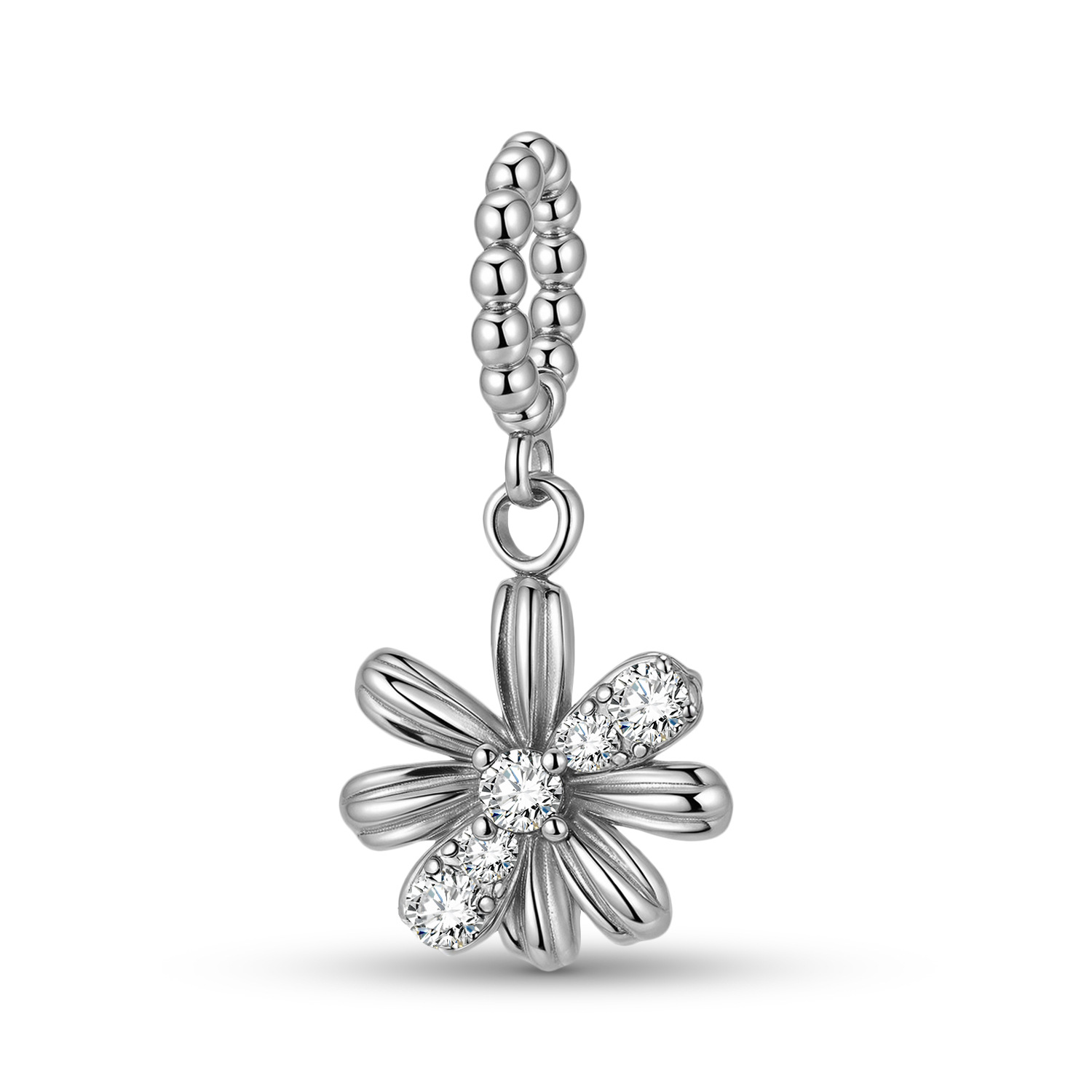 White Daisy Charm Bead S925 Sterling Silver Floral Pendant with CZ Accents for Bracelet