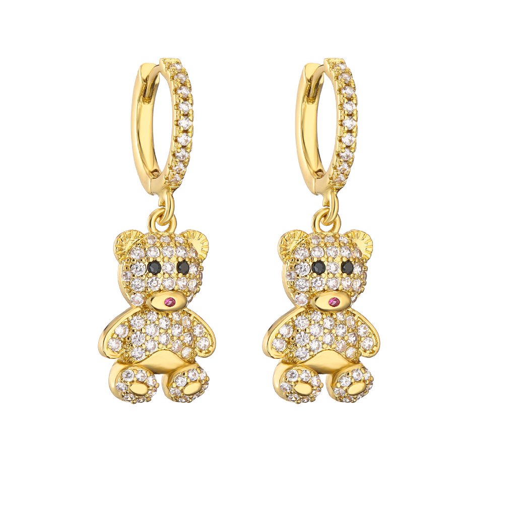 Zirconia Bear Drop Earrings - Gold Plated Huggie Hoop
