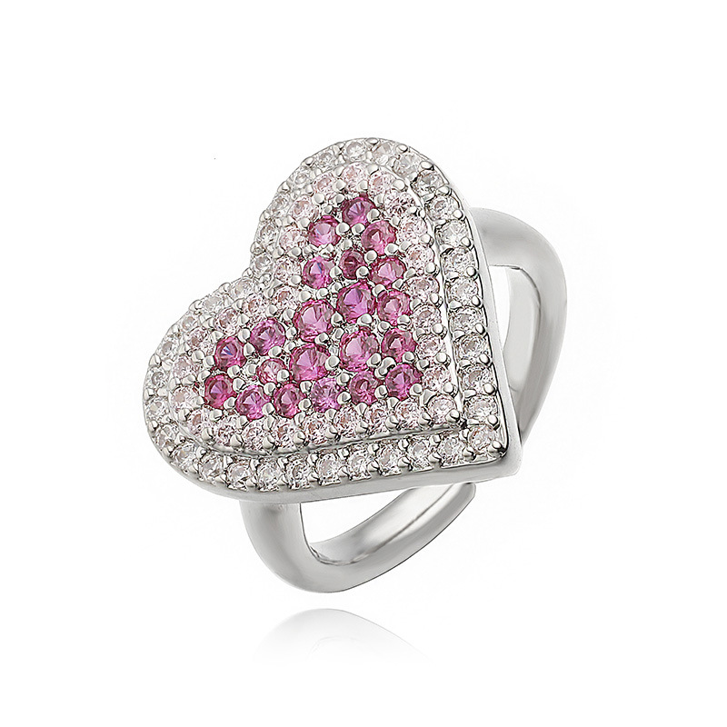 Fashion Luxury Copper Inlaid Colored Diamond Heart-Shaped Ring - Niche High-End Adjustable Jewelry — Silver-Pink