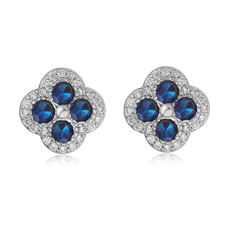 Copper Inlaid Color Stone Stud Earrings - Clover Flower (Silver, Blue)