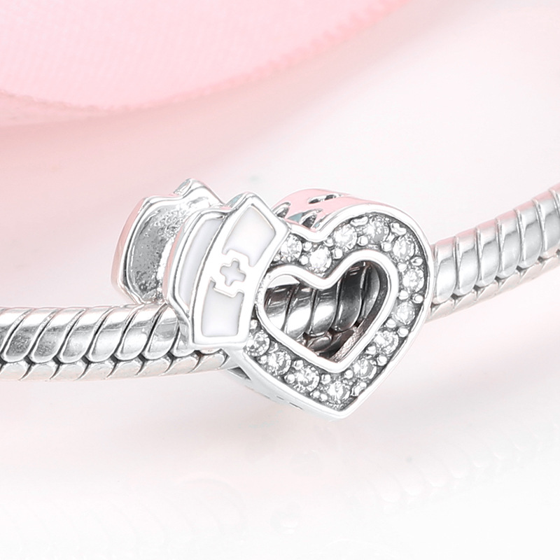 S925 Sterling Silver Heart Nurse Cap Charm Pave Zircon Big Hole Bead for DIY Bracelet — view 2