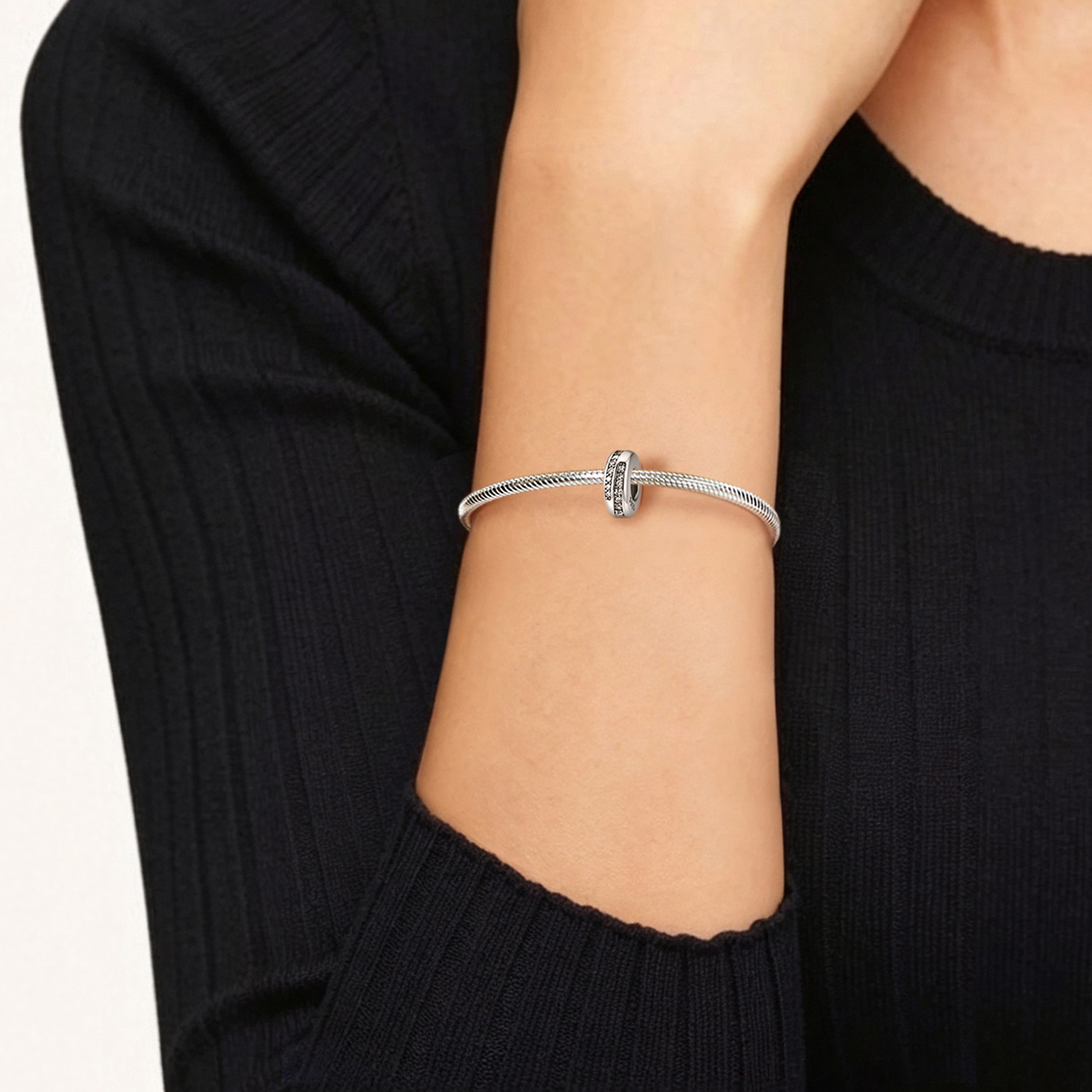 S925 Pure Silver Geometric Line-Wrapped Zircon Spacer Bead — European & American Fashion Minimalist Bracelet DIY Accessory — view 2