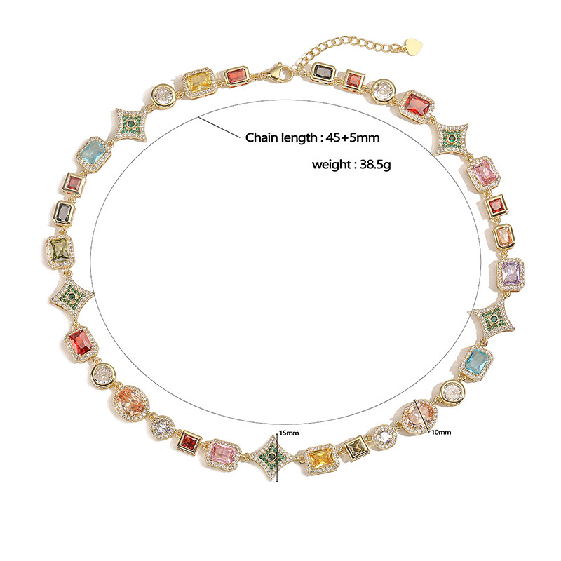 Exquisite Luxury Copper Inlaid Colorful Zircon Heart Oval Square Multi-Gemstone Charm Necklace — Spec Chart - Gold-tone