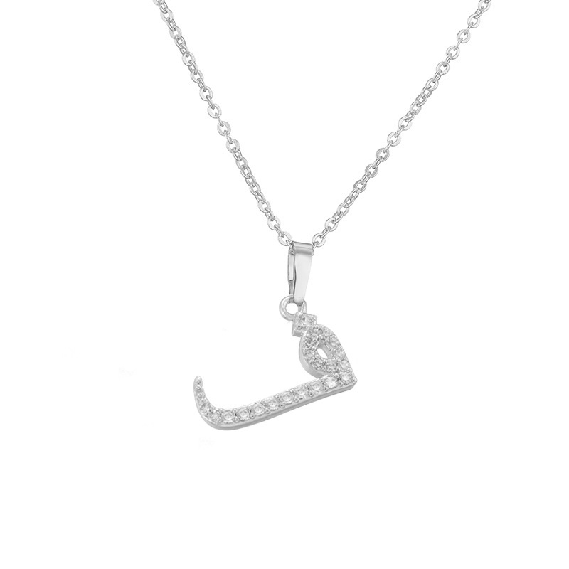 Copper Inlaid Zircon Arabic Letter Pendant Necklace Personalized Hip-Hop Letter Chain Silver Tone 3
