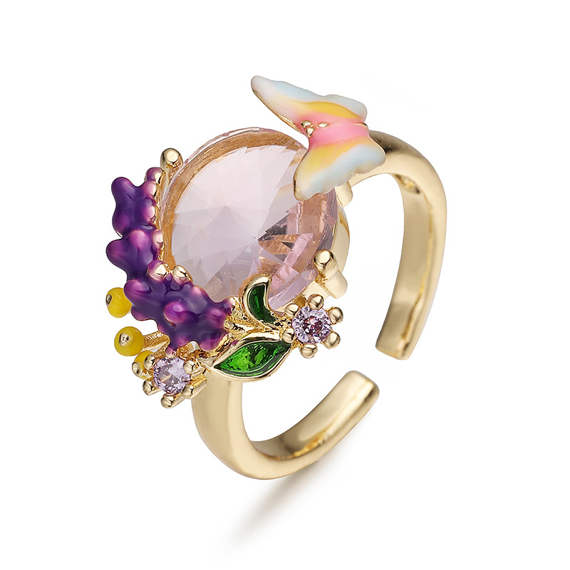 Copper Gold-Plated Colorful Enamel Floral Ring - Fresh Sweet Tulip Daisy Open Adjustable Finger Ring for Women — Pink Crystal Butterfly