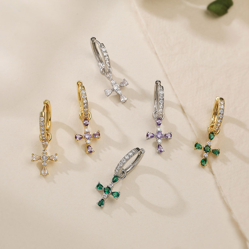 Copper Gold-Plated Colorful Zircon Cross Huggie Hoop Earrings Trendy Hip-Hop Style Cross Dangle Charms — Charms | MAOLE Fine Jewelry
