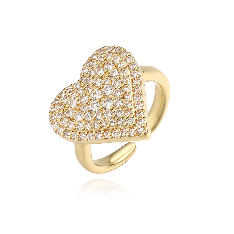 Fashion Luxury Copper Inlaid Colored Diamond Heart-Shaped Ring - Niche High-End Adjustable Jewelry — Gold-Clear