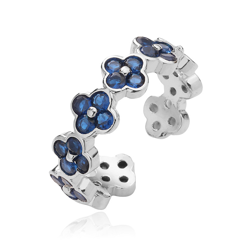 Copper Inlaid Color Diamond Flower Open Adjustable Ring Elegant Flower Petal Band (Silver Tone) — Blue