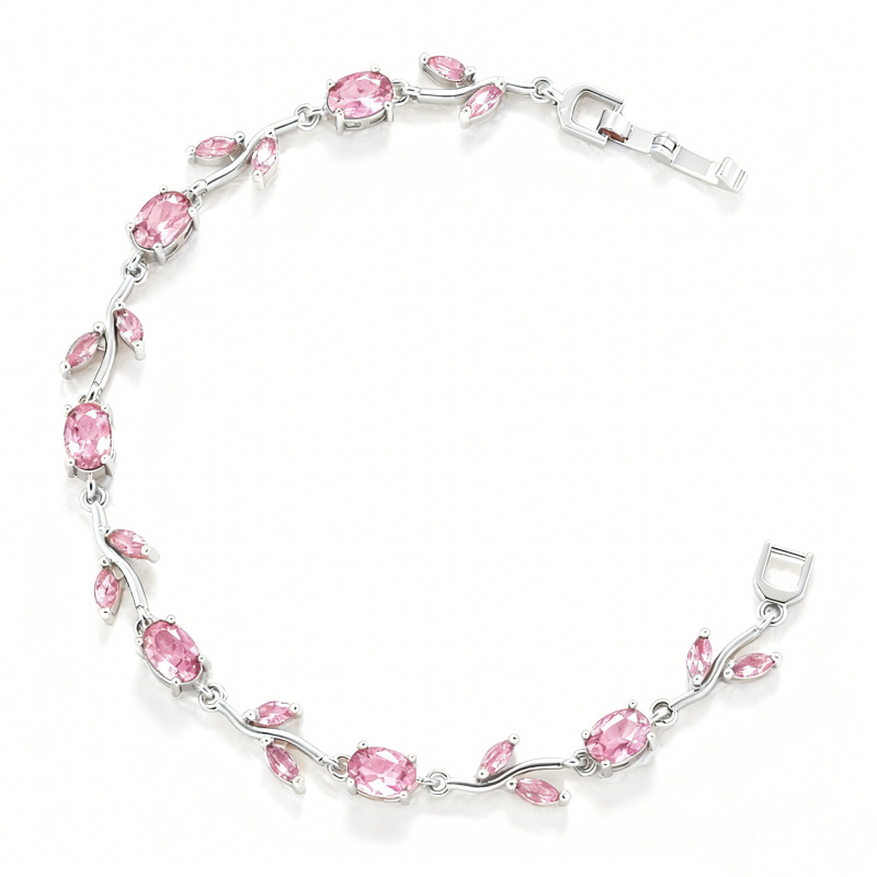 Elegant Versatile Copper-Inlaid Pink Crystal Leaf and Petal Bracelet, Fashion Luxury Tulip Layering Jewelry