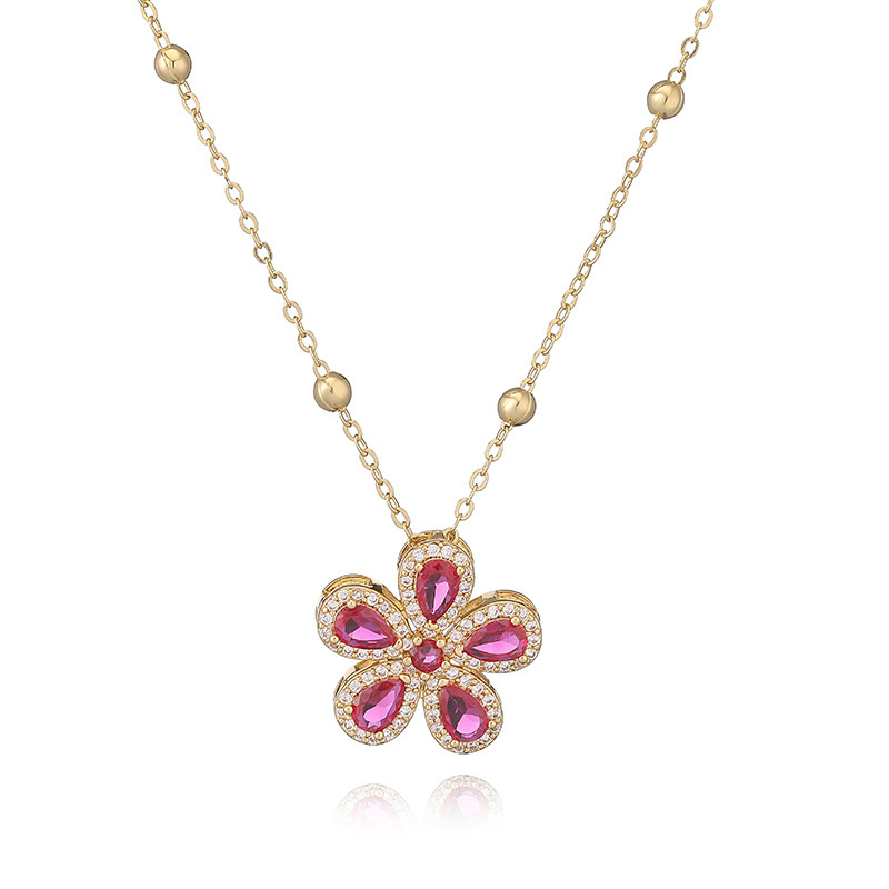 Copper-Inlaid Teardrop Colored Diamond Five-Petal Flower Pendant Necklace - Elegant Light Luxury Sparkling Floral Beaded Clavicle Chain 5