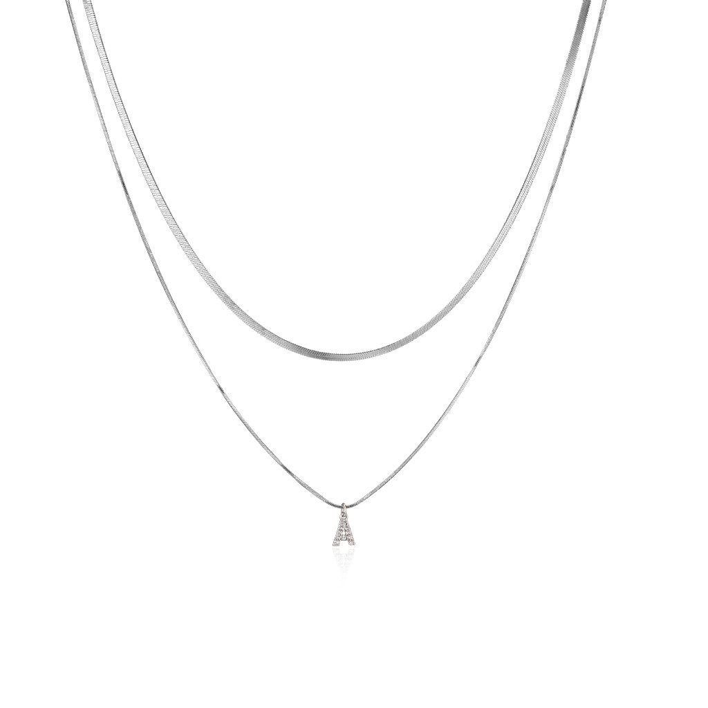 Silver-Tone Micro-Paved Letter Layered Necklace Blade Chain Flat Snake Bone Chain Stainless Steel Necklace