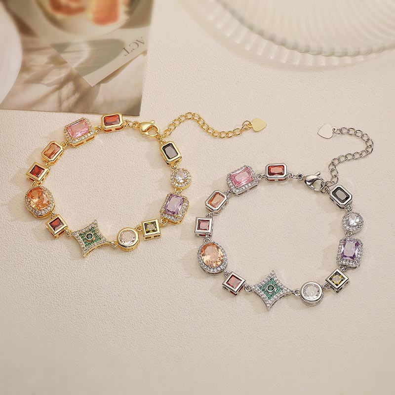 Exquisite Luxury Copper Inlaid Colorful Zircon Heart Oval Square Multi-Gemstone Charm Bracelet — Charms | MAOLE Fine Jewelry