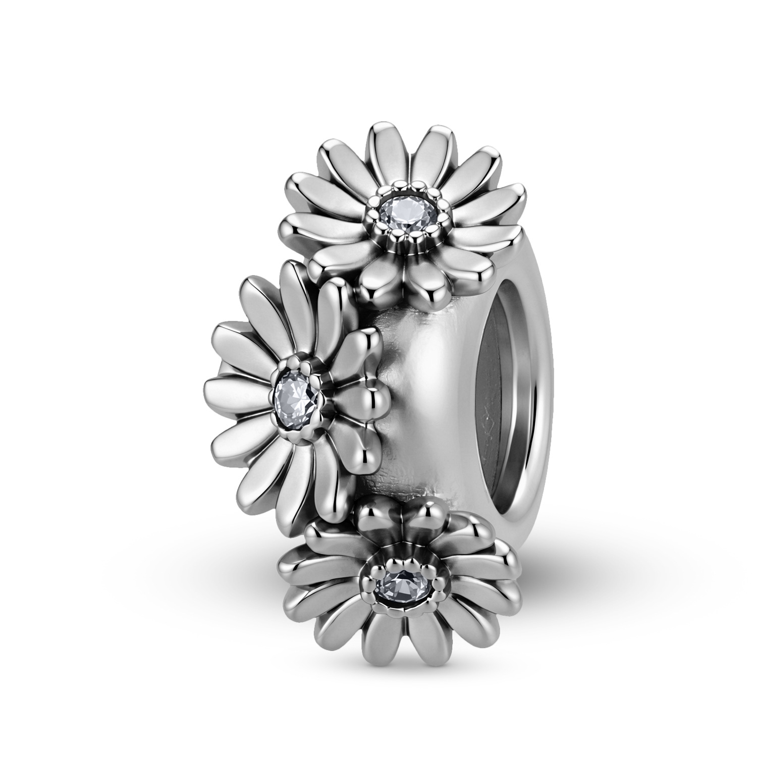 S925 Sterling Silver Daisy Spacer Charm with Zirconia - Floral DIY Bracelet Bead — Charms | MAOLE Fine Jewelry