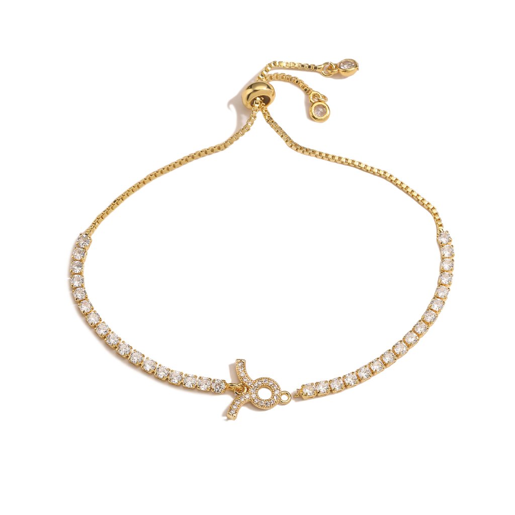 Zodiac Sign Adjustable Tennis Bracelet - Zirconia Constellation Charm Bolo Bracelet — Gold - Aries