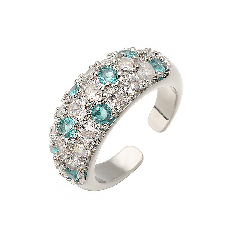 Copper Inlaid Colorful Diamond Circular Open Adjustable Ring Niche High-End Pave-Set Ring — Turquoise/Silver