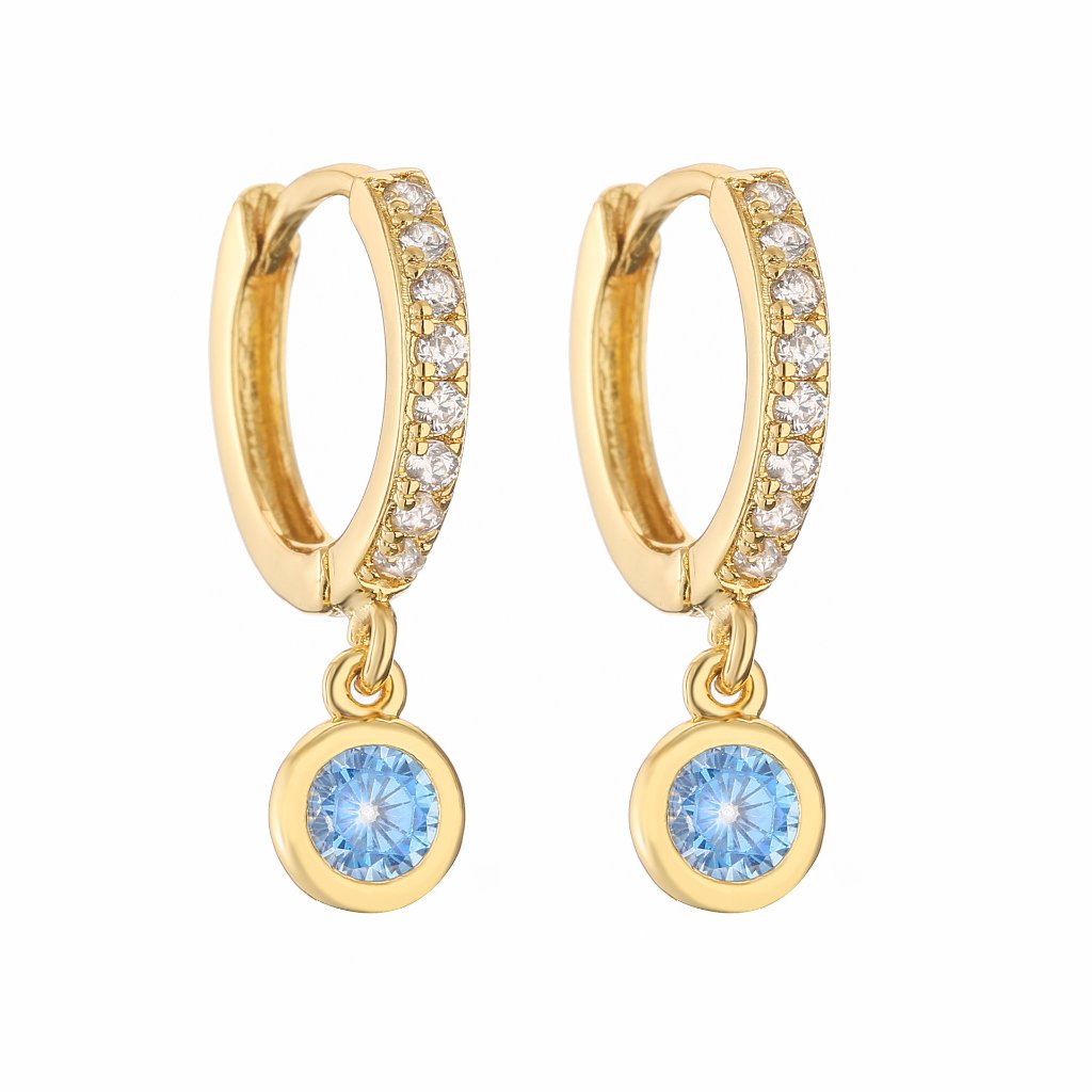 18K Gold Plated Copper Round Huggie Hoop Earrings with Colorful Zircon Dot Chain Dangle Charms — Short - Light Blue Dangle