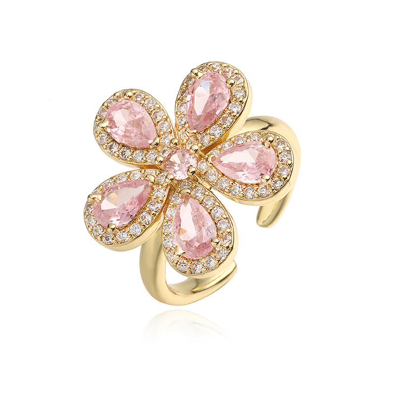 Copper Inlaid Colorful Zirconia Flower Petal Ring - Luxury Sparkle Five-Petal Adjustable Open Ring 11