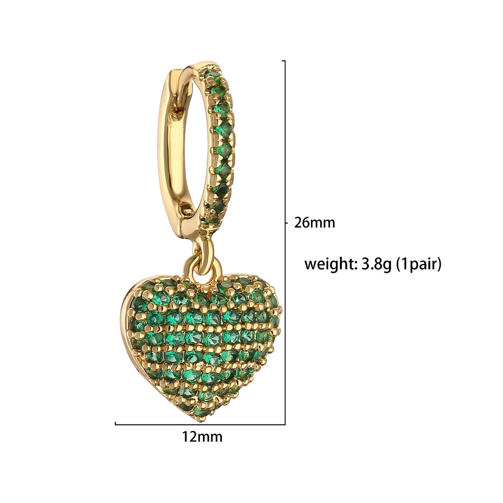 French-Style Light Luxury Colorful Zircon Heart Huggie Hoop Earrings with Pavé Heart Dangle Charms — Spec Chart - Green