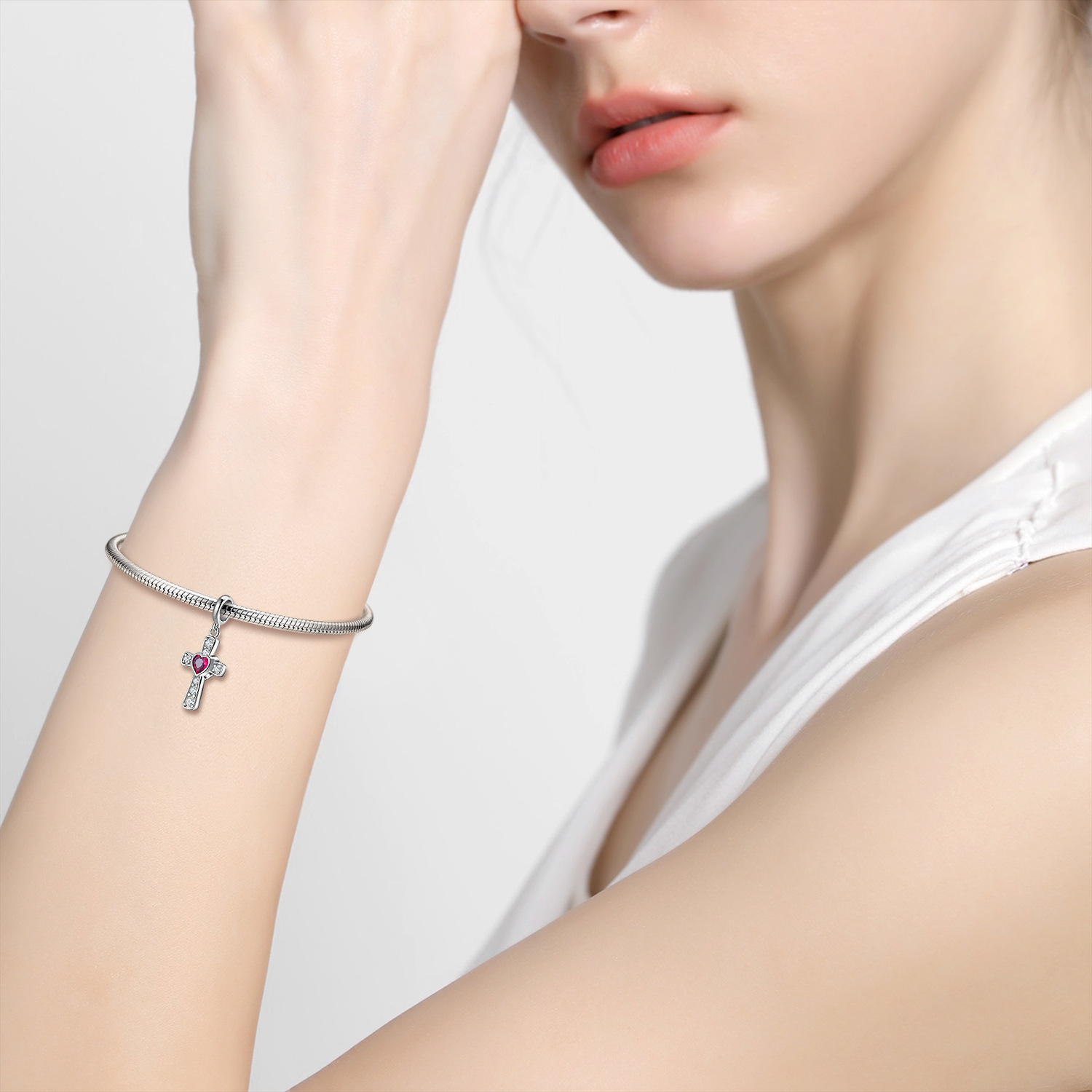 Heart Cross Pendant Charm - 925 Sterling Silver with Zircon — view 4