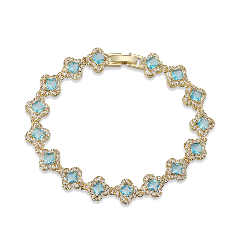 Copper Inlaid Colorful Zirconia Four-Leaf Clover Flower Petal Stackable Bracelet for Women - Luxury Sparkling Floral Bangle 16
