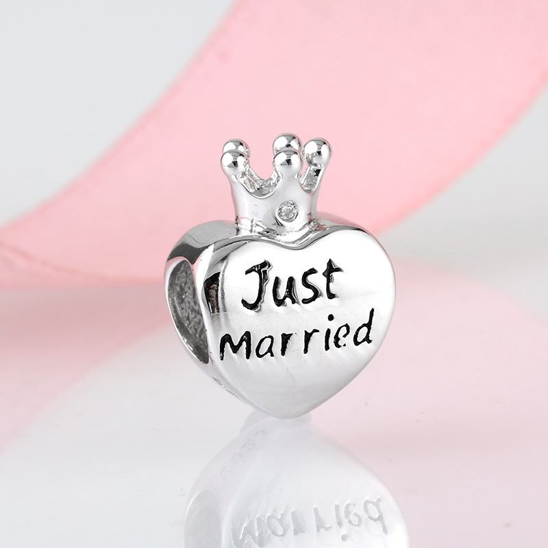 Just Married Crown Heart Charm - 925 Sterling Silver Bead — view 2