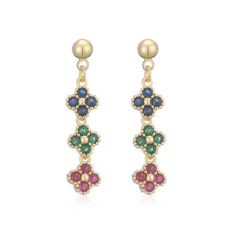 Elegant Crystal Flower Tassel Drop Earrings - Triple Floral Dangle Studs 19
