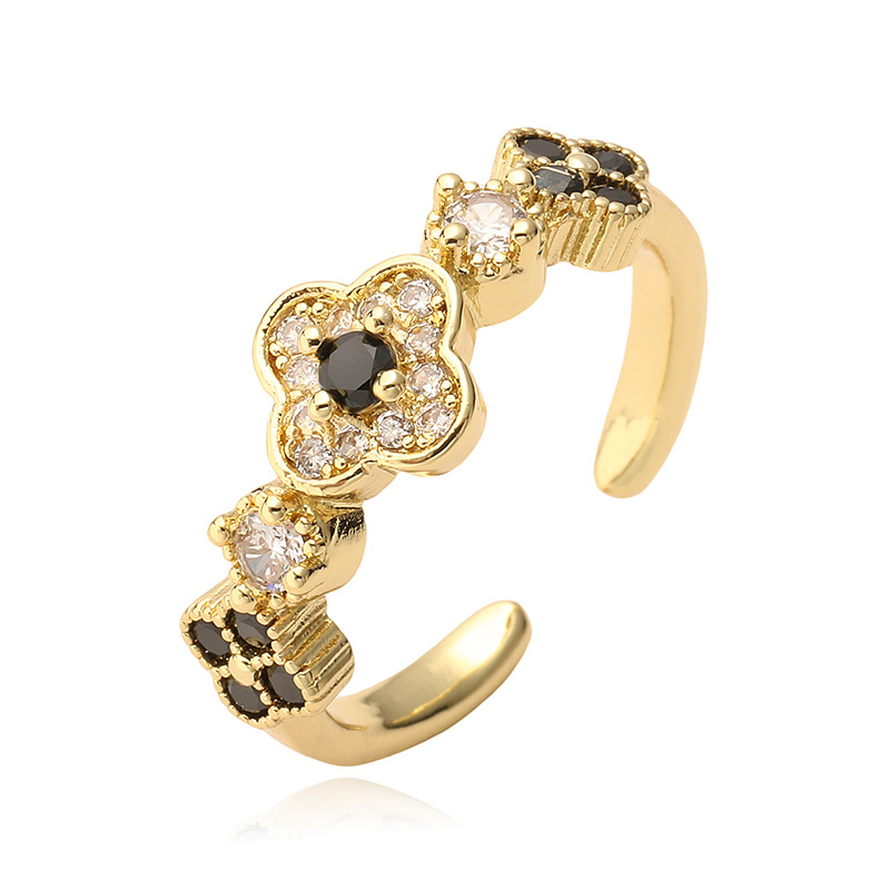 Copper Inlaid Multi-Color Zirconia Flower Ring for Women - Adjustable Open Ring — Black