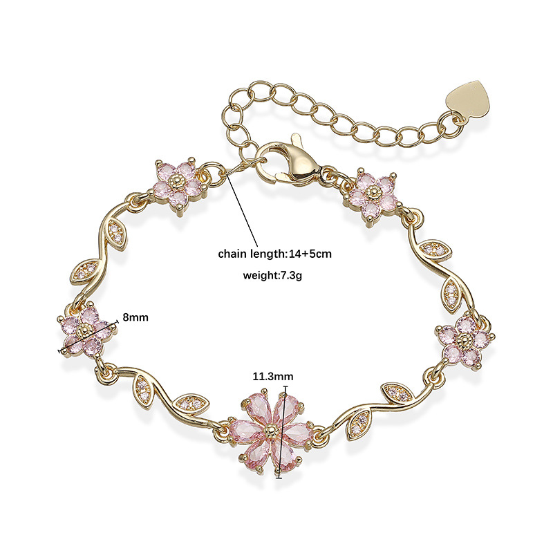 Copper Inlaid Colorful Zirconia Five-Petal Flower and Leaf Bracelet - Versatile Floral Petal Hand Accessory 3