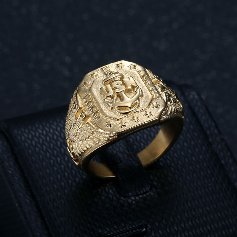 Gold-Plated US Navy USN Anchor Eagle Signet Ring — view 2