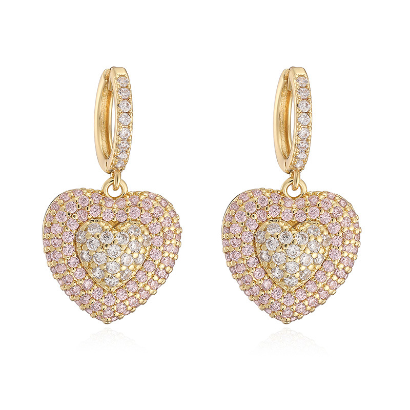 Exquisite Light Luxury Copper Inlaid Colorful Zircon Double-Layer Heart Huggie Hoop Earrings Super Sparkly Heart Dangle Charms — Gold-tone with Light Pink Heart