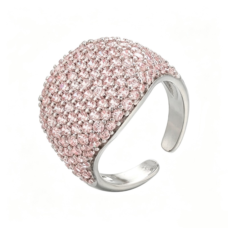 Full-Diamond Circular Open Geometric Zirconia Ring 18K Real Gold Plating Adjustable Women's Ring — Light Pink/Silver