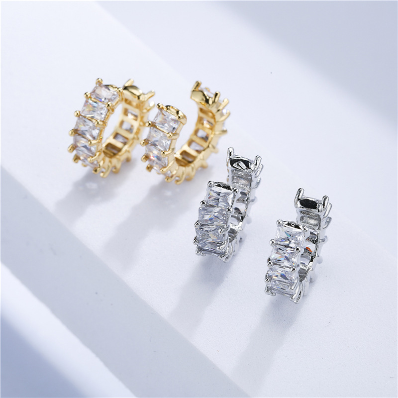 Micro-Pave Zirconia Baguette Hoop Earrings 18K Real Gold Plating Lasting Color Copper Jewelry