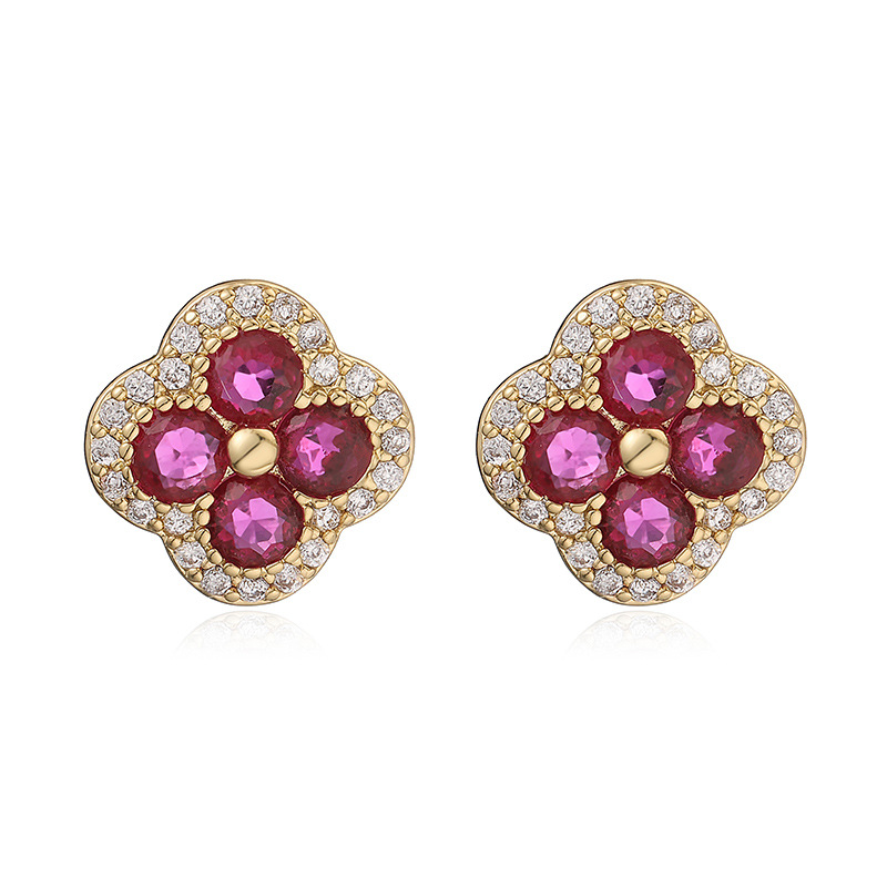 Copper Inlaid Color Stone Stud Earrings - Clover Flower (Gold, Red-Pink)