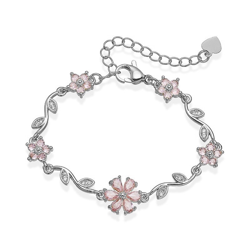 Copper Inlaid Colorful Zirconia Five-Petal Flower and Leaf Bracelet - Versatile Floral Petal Hand Accessory 7