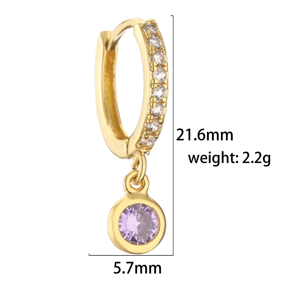 18K Gold Plated Copper Round Huggie Hoop Earrings with Colorful Zircon Dot Chain Dangle Charms — Spec Chart - Short Style (Purple Dangle)